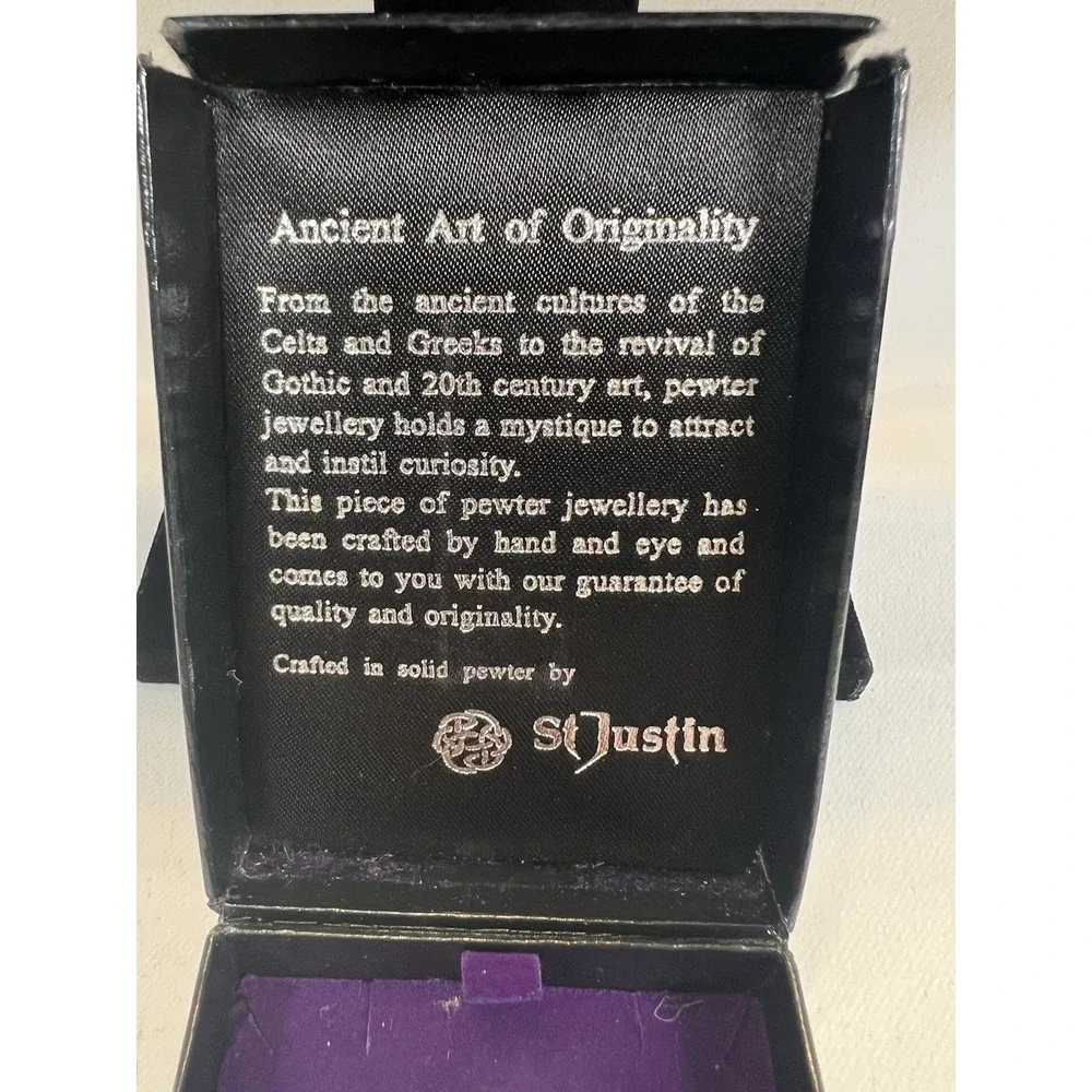St Justin Pewter Malachite Celtic Floral Round Brooch Original Box Handmade VNG
